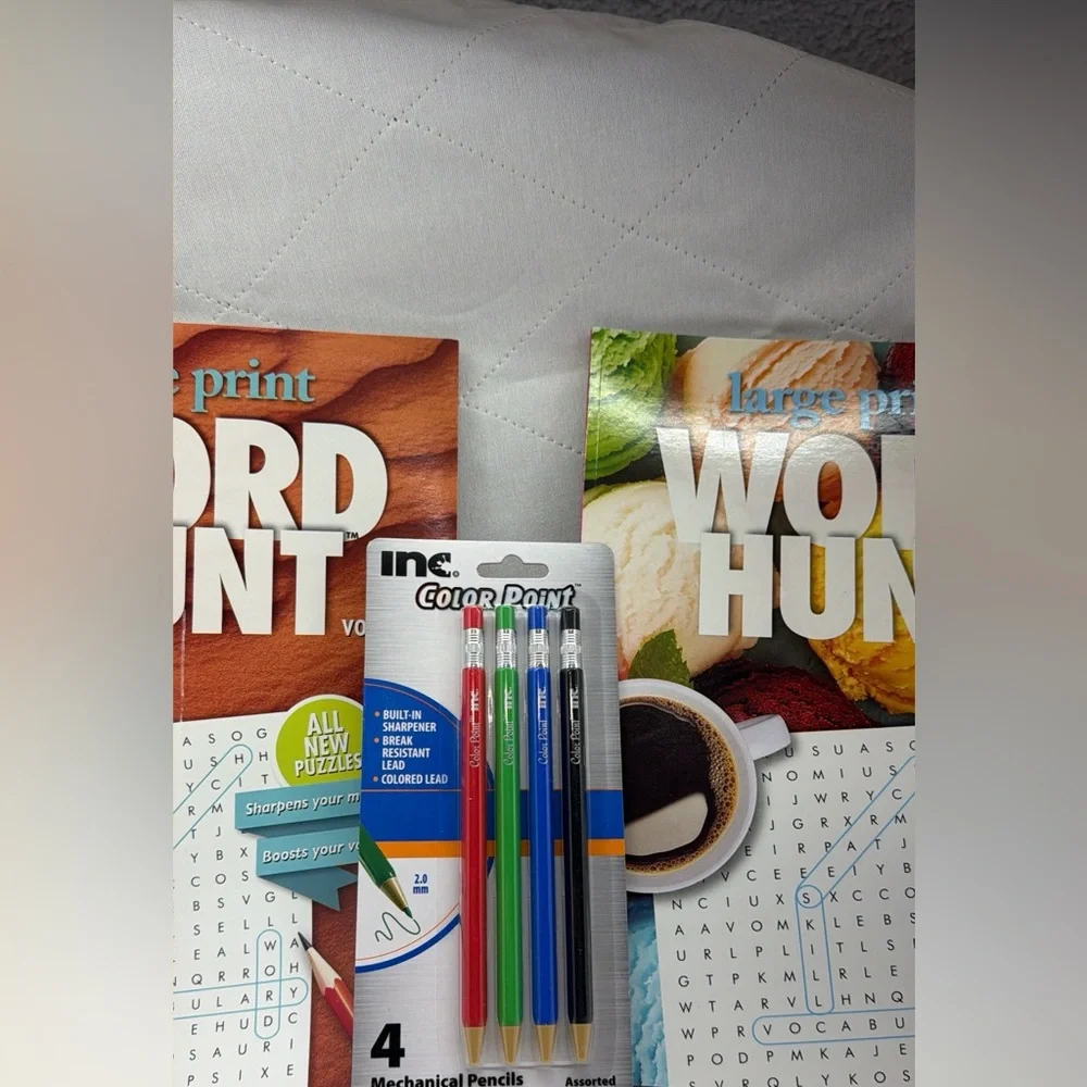 Large Print Word Hunt Puzzle Book Set with Colored Pencils